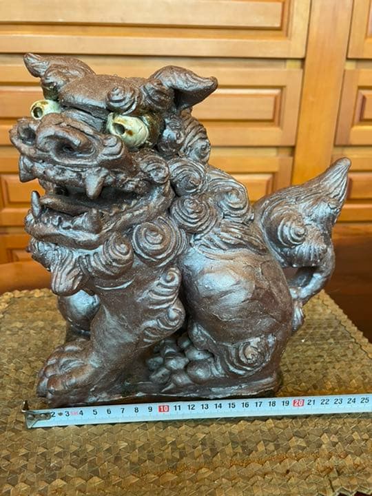 名工 島常賀 焼き〆台付きシーサー小 23cm 壺屋焼