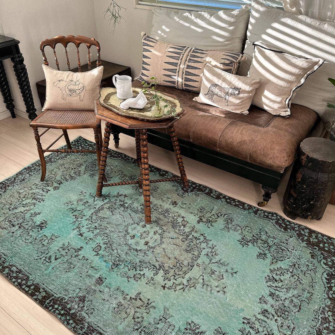 トルコ ヴィンテージラグ A105 定番柄 ターコイズブルー オーバーダイ