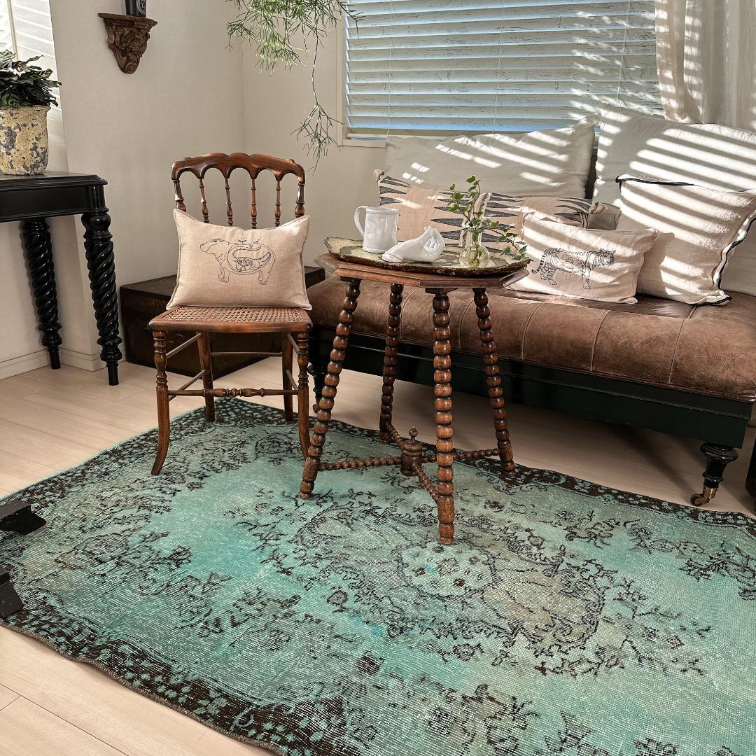 トルコ ヴィンテージラグ A105 定番柄 ターコイズブルー オーバーダイ
