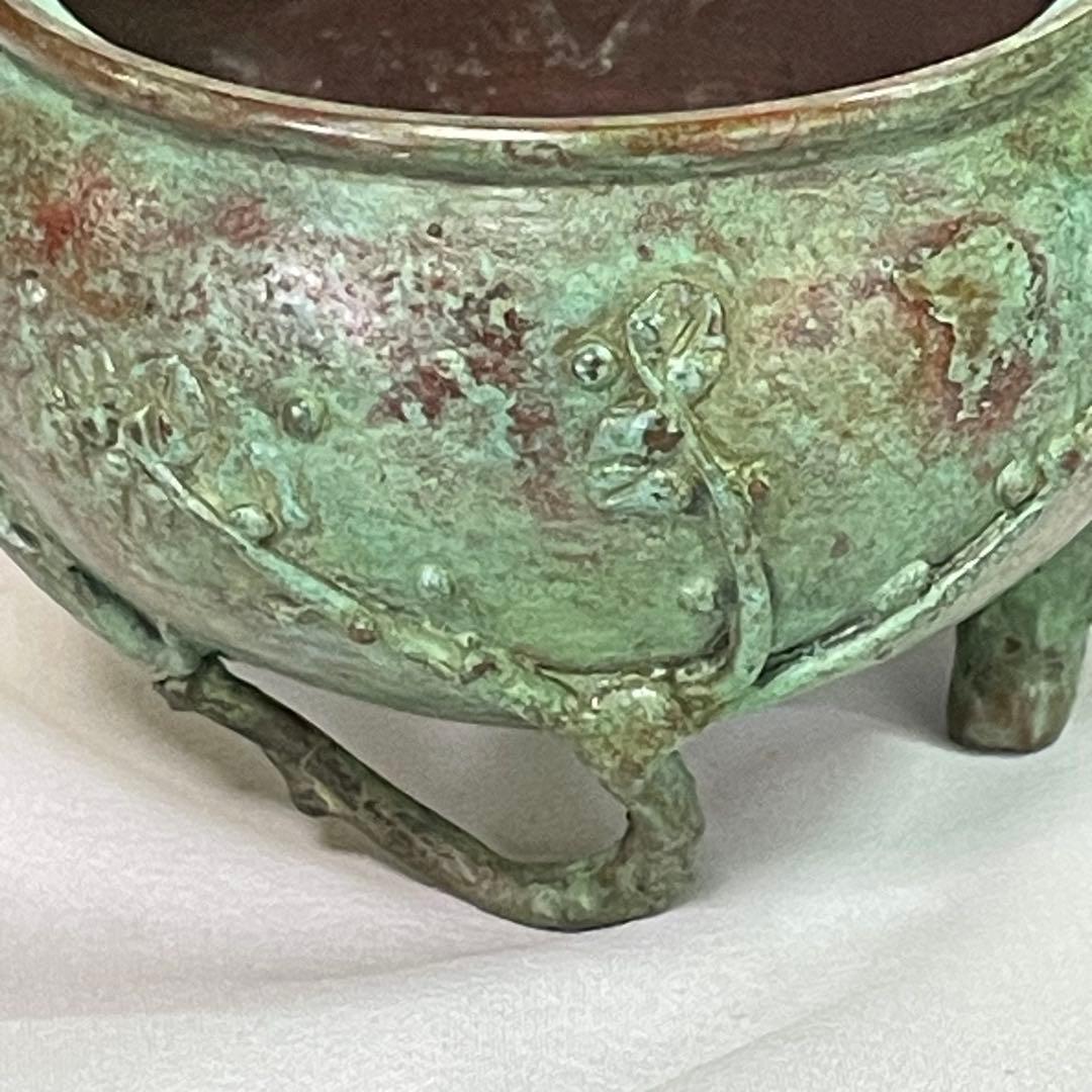 高岡銅器 須賀七郎作 月芳 蝋型鋳銅 香炉 唐子蓋梅文 共箱 証書 栞 時代物