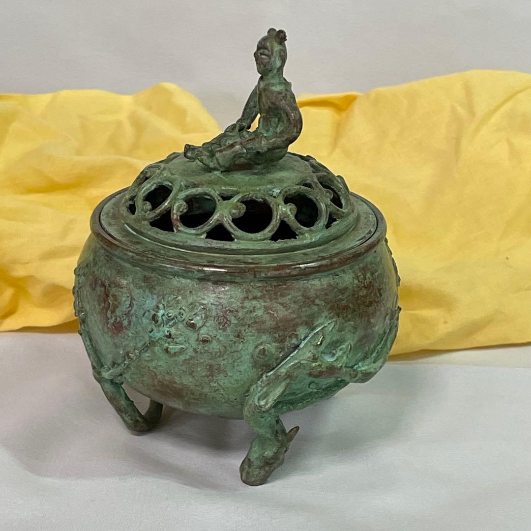 高岡銅器 須賀七郎作 月芳 蝋型鋳銅 香炉 唐子蓋梅文 共箱 証書 栞 時代物