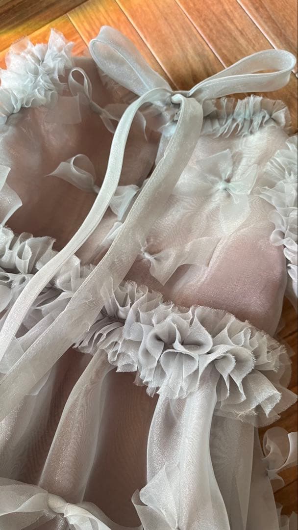 グレー フリル リボン付き チュールドレス