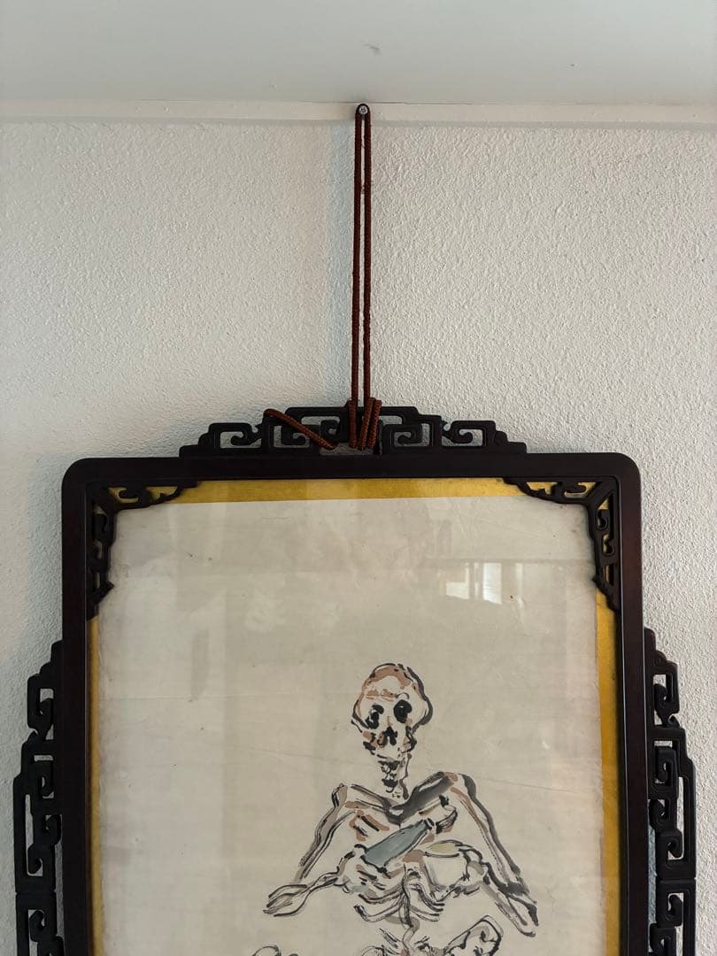 希少 骨董 酒呑み髑髏 額装 額付き 墨絵 在銘 珍品 コレクター 古美術 レア
