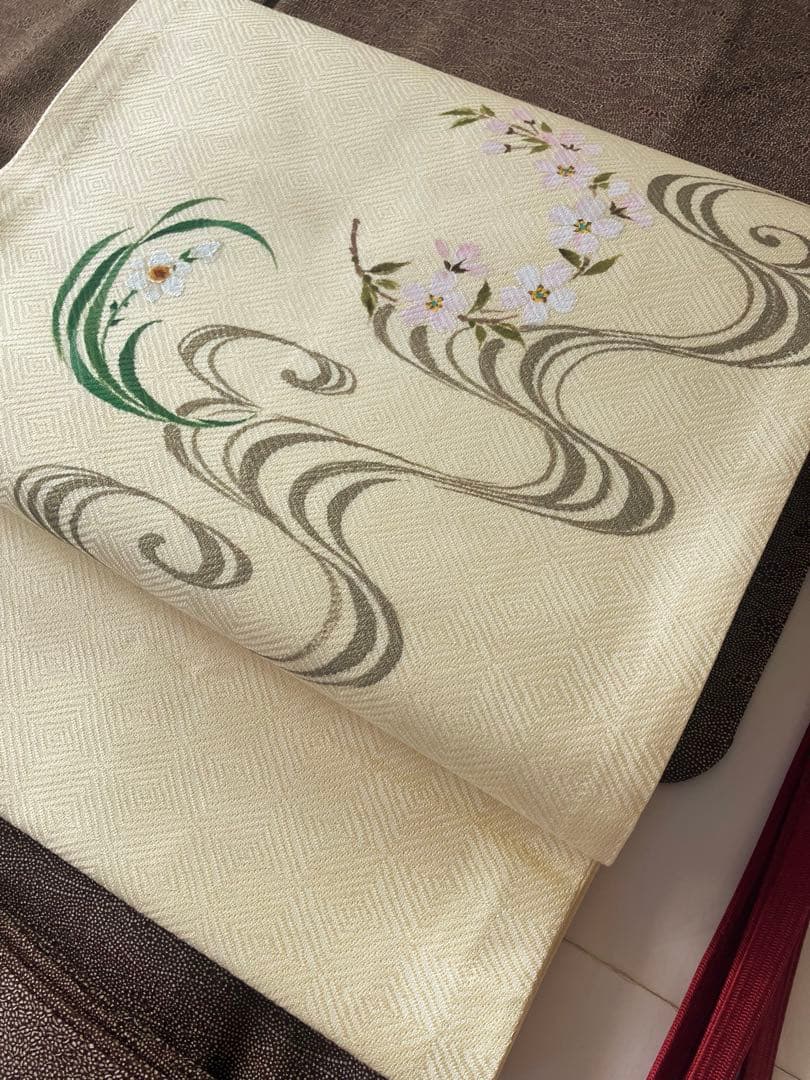 早春の花々 手描きの袋帯