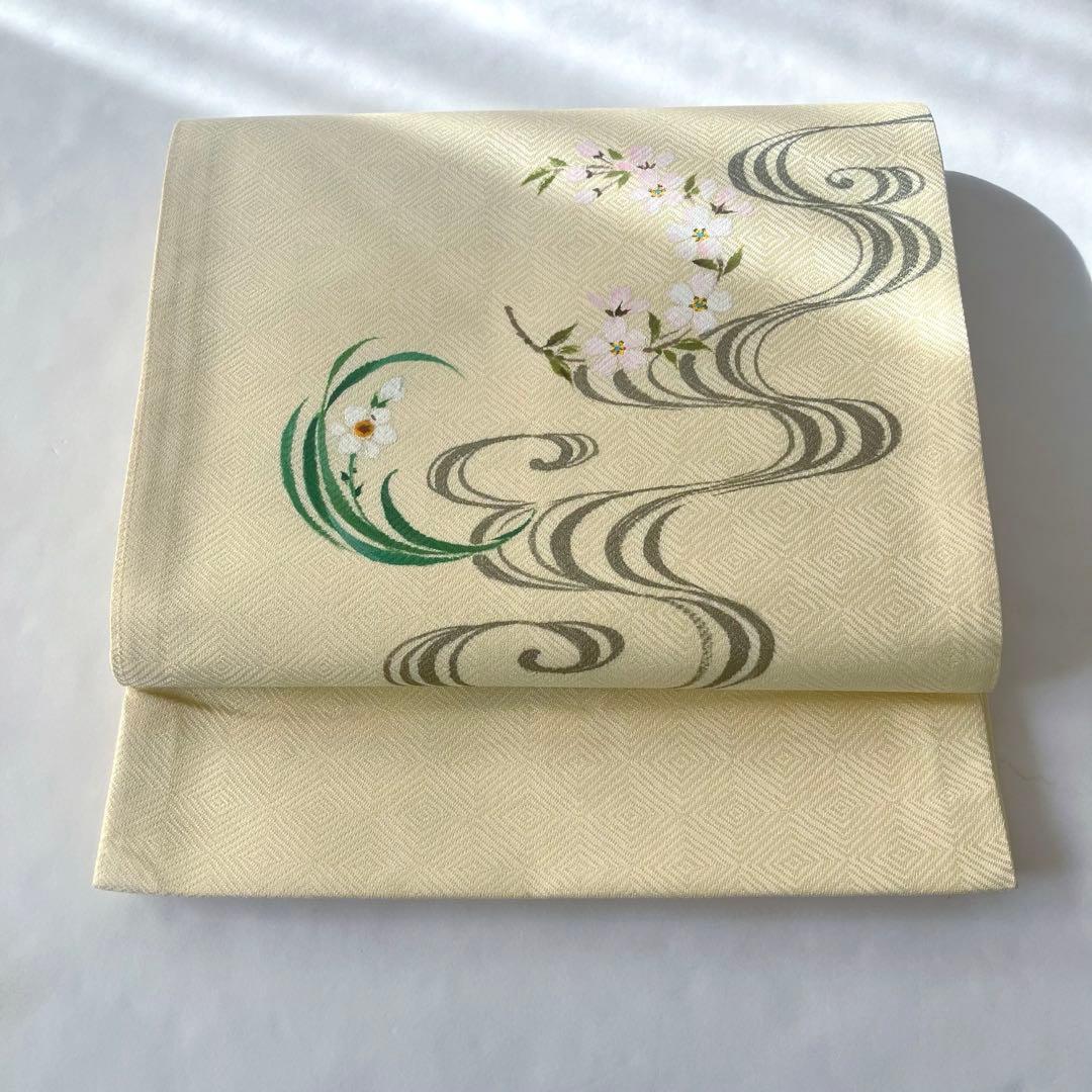 早春の花々 手描きの袋帯