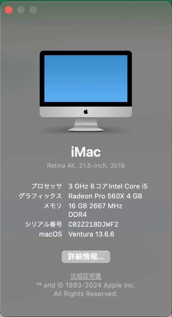 Macデスクトップ iMac 21.5 Retina 4K 2019 / 16GB / corei5