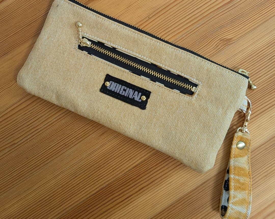 オレンジデニムリメイクバッグ（L）No.842☆ハンドバッグ　横長ポーチ