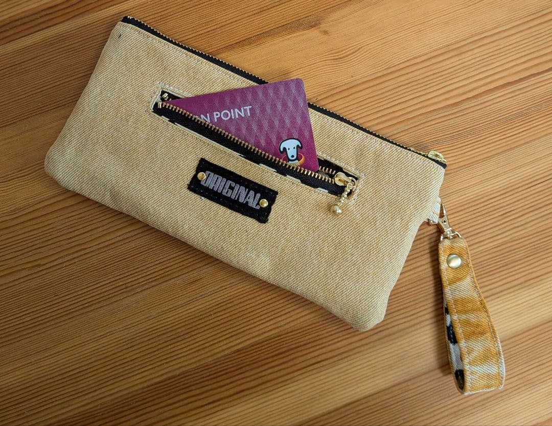 オレンジデニムリメイクバッグ（L）No.842☆ハンドバッグ　横長ポーチ