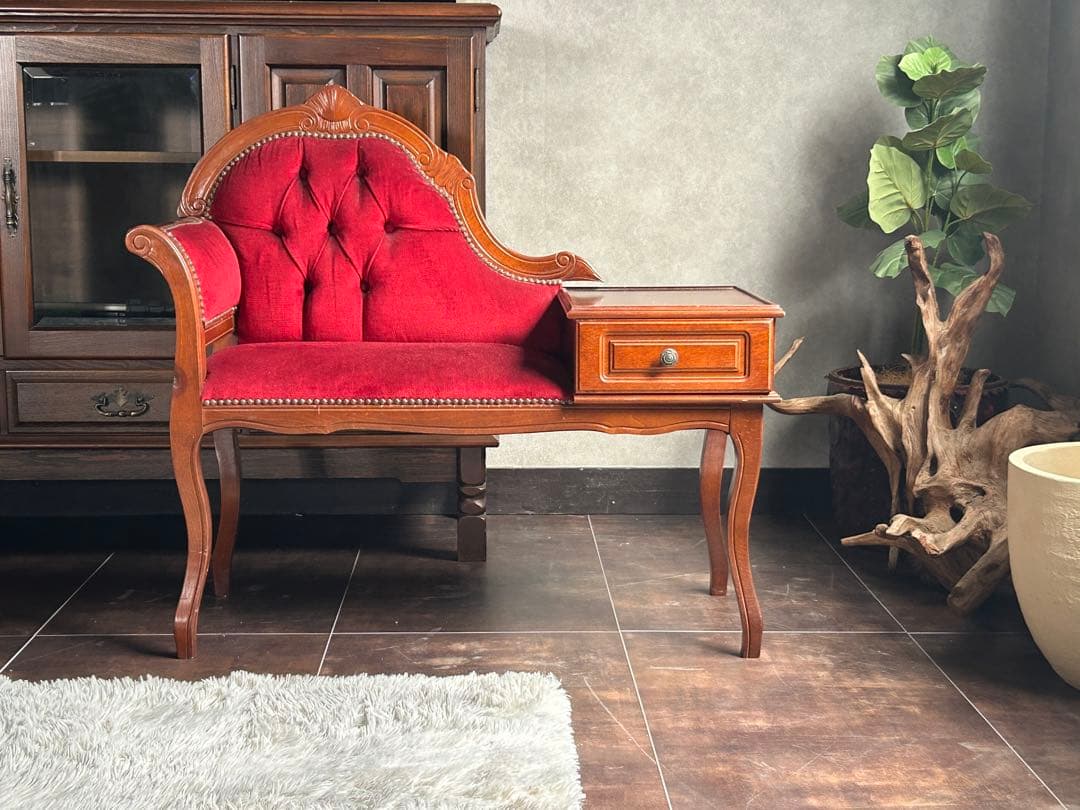 アンティーク　ビンテージ　クラシック　木彫　猫脚　レッド　テレフォンベンチ　GG