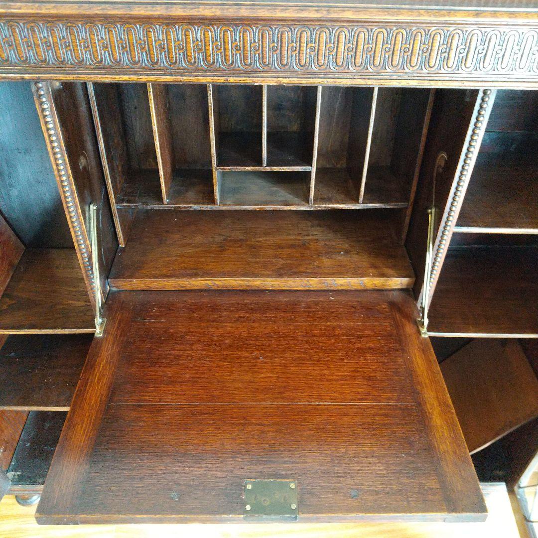 イギリス　アンティーク家具　ビューロー　オーク　本棚　サイドバイサイド