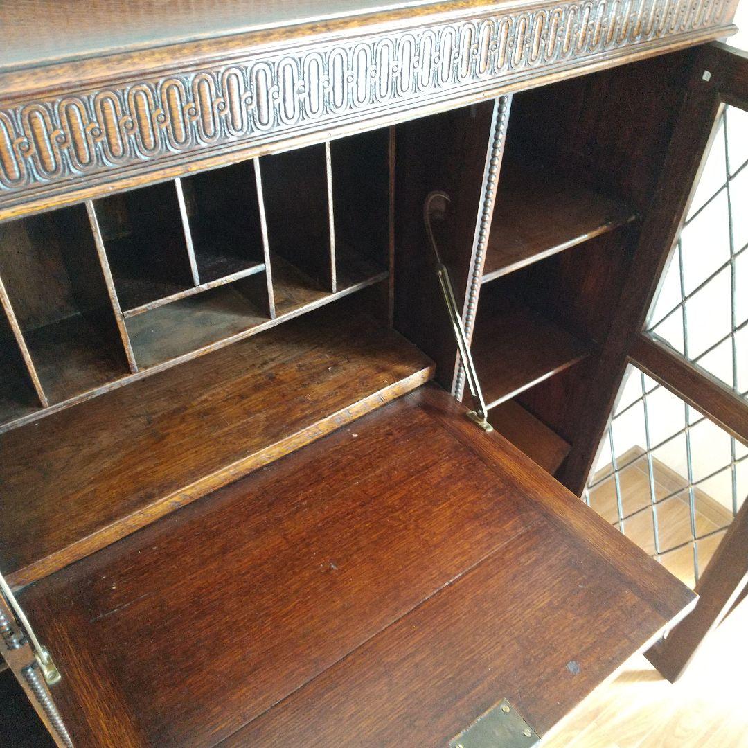 イギリス　アンティーク家具　ビューロー　オーク　本棚　サイドバイサイド