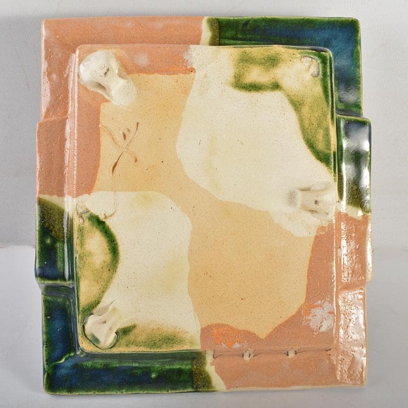 人間国宝　荒川豊蔵作　織部焼　手付鉢　共布　十三代即中斎極め箱　M　R7009B