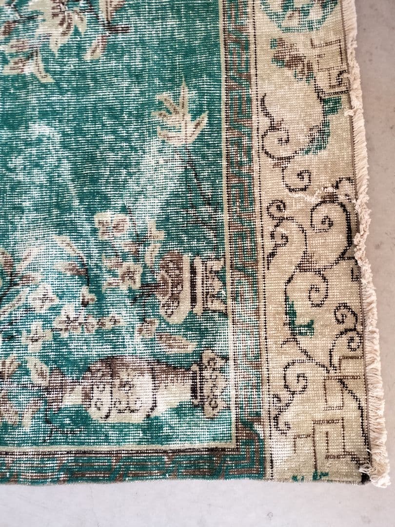 超大判/エメラルドグリーンのシノワズリラグ　トリコヴィンテージラグ　No586