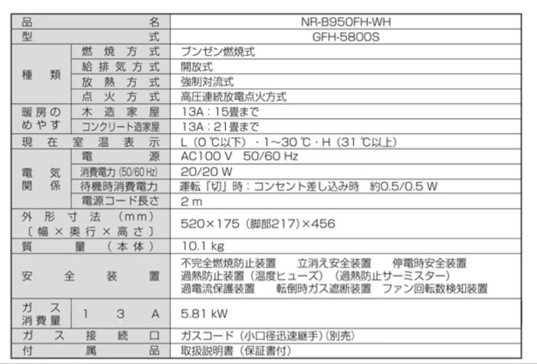 東京ガス NR-B950FH ガスファンヒーター