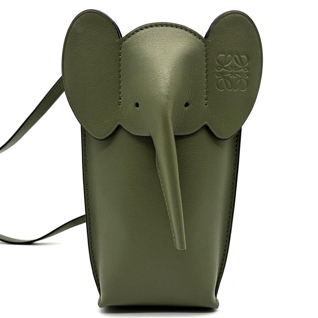 未使用に近い ロエベ ショルダーバッグ エレファント アナグラム レザー 緑