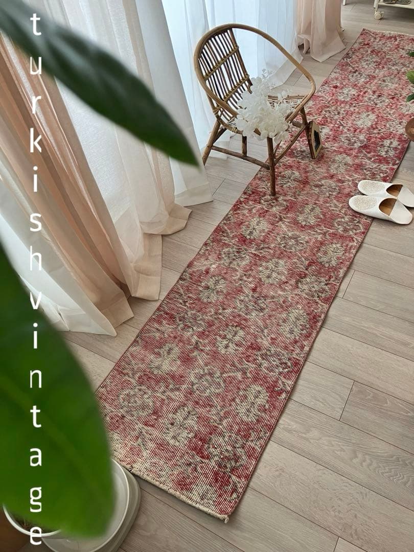 超ロング　シャビーレッド56×290✳︎紋章柄　ランナー　トルコヴィンテージラグ