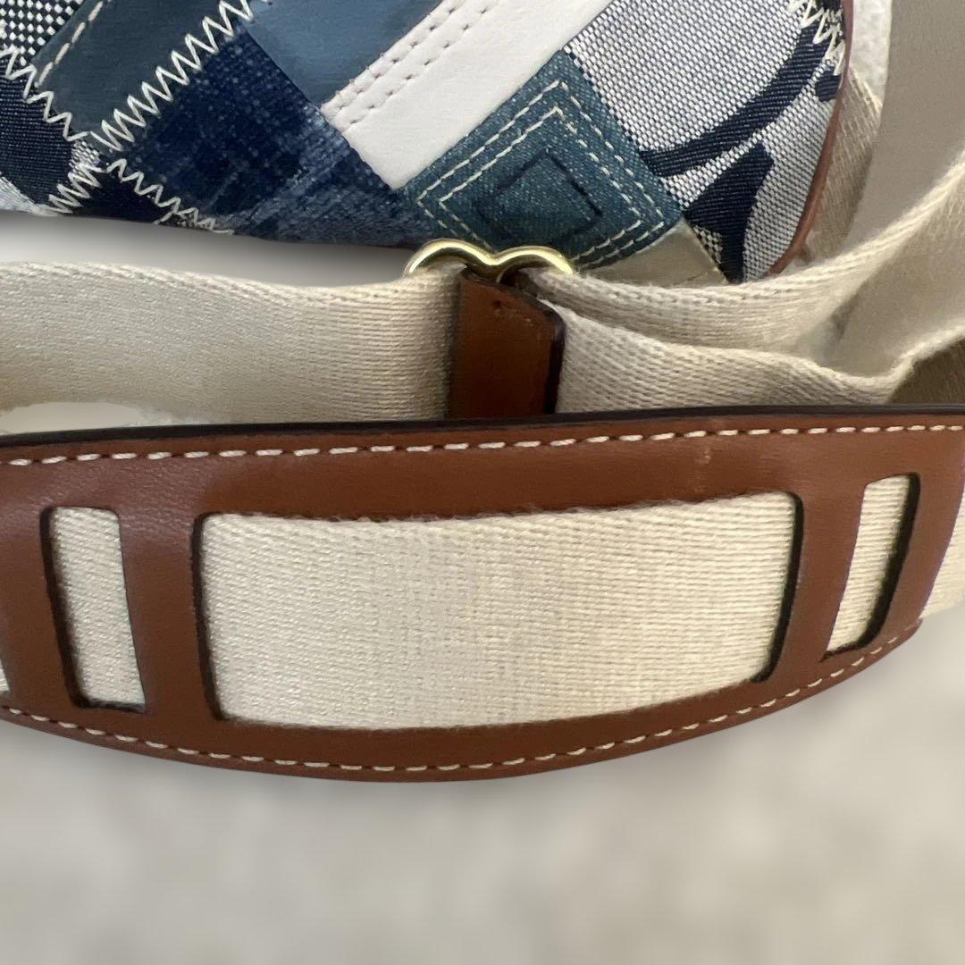 美品　コーチ ショルダーバッグ パッチワーク デニム キャンバス レザー ブルー