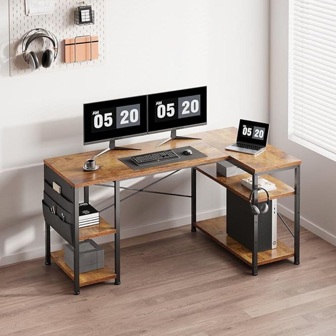 お洒落なブラウン木目調◆L字型パソコンデスク 収納付き 130cm