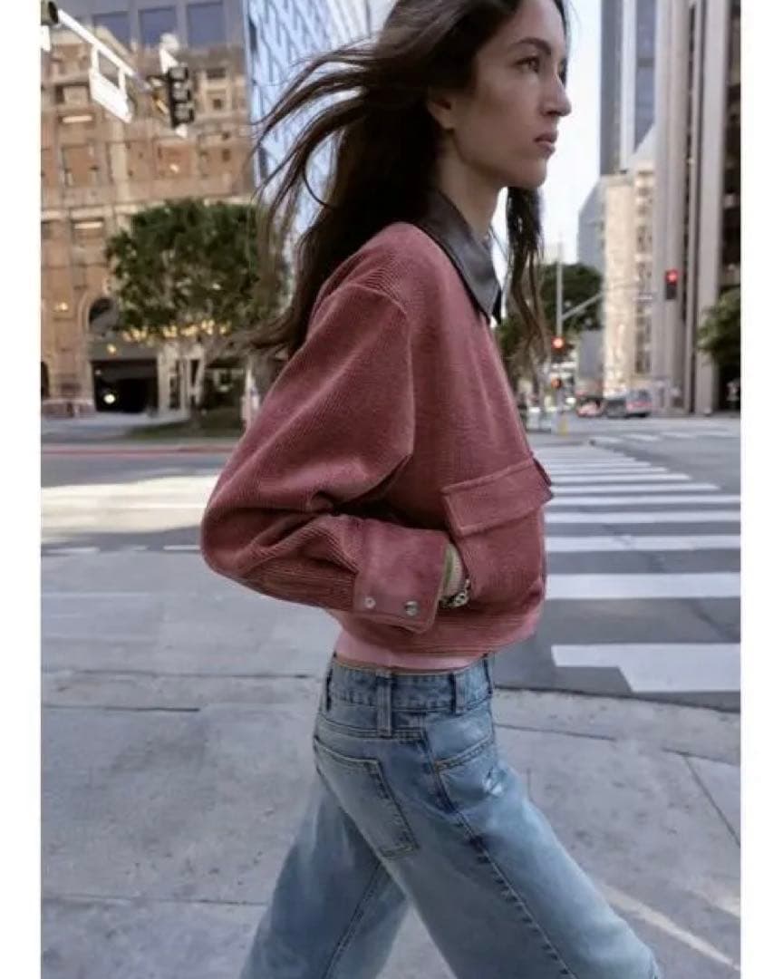 タグ付き新品★ZARAのコーデュロイフェイクレザー襟ジャケット★M★マルサラ色