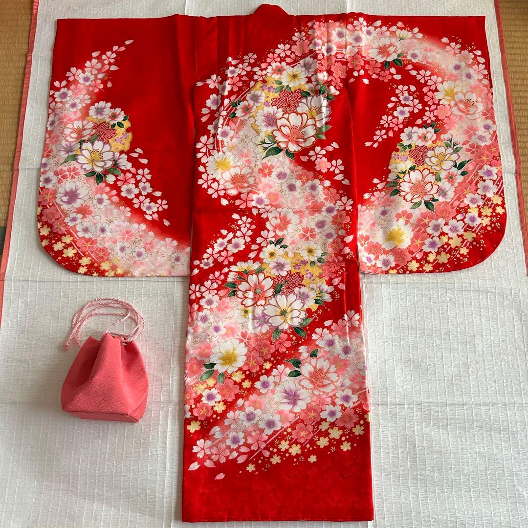 七五三 3歳 着物 被布 絹 三歳 赤 ピンク 753 巾着 女の子着物 子供