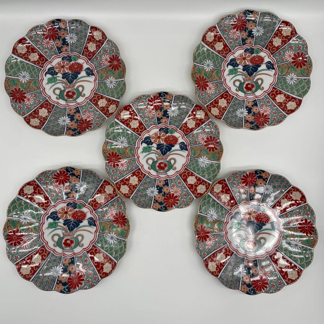 未使用 有田焼 陶扇菊割皿5枚セット 陶扇 田扇 菊割皿 錦絵 金彩 古伊万里