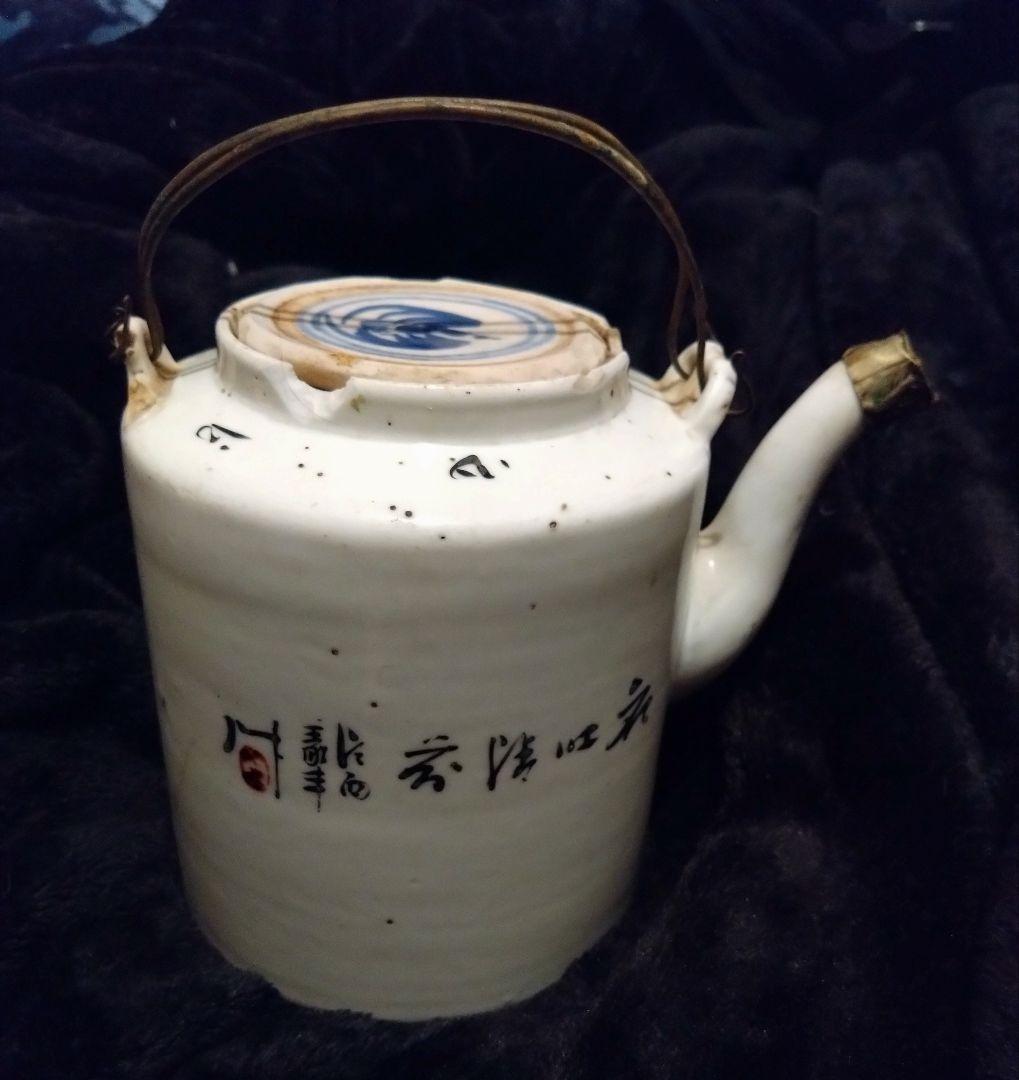 激レア　中国アンティーク　陶器製　花と小鳥柄　大きめな急須、ポット　茶器