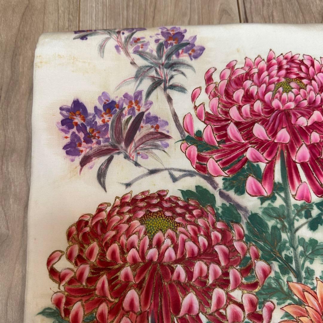 ヴィンテージ　正絹　着物 和服　袋帯　手書き 386 大輪の菊　赤紫　緑