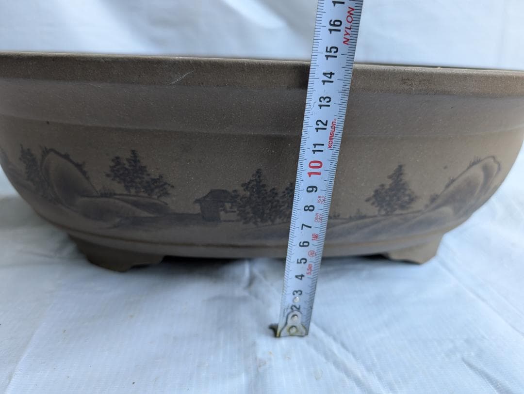 大型 盆栽鉢 山水図 楕円鉢 外寸50×40.5cm 高さ14.5cm　無銘