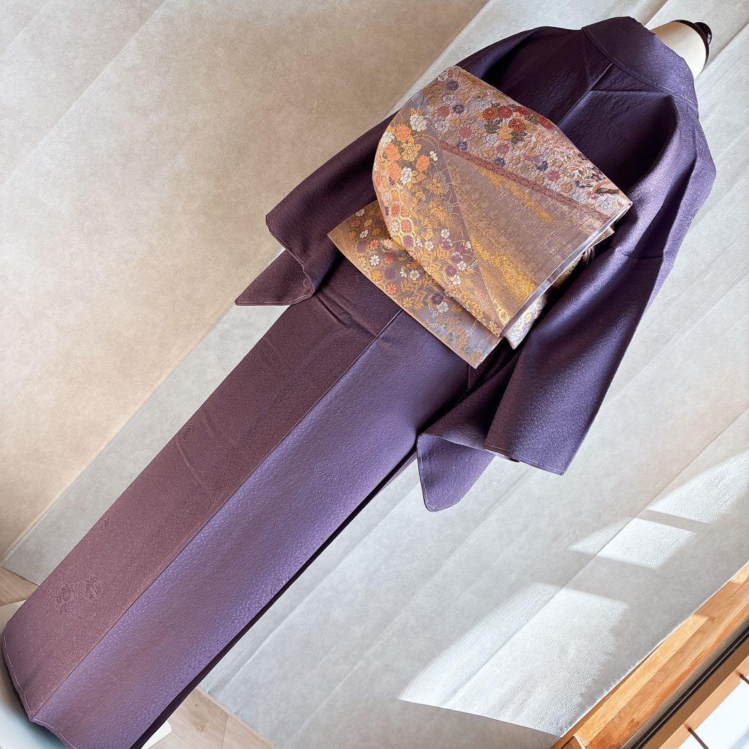 色無地　フルセット　着物　正絹　しつけ糸付き　紫　花丸文様　G8