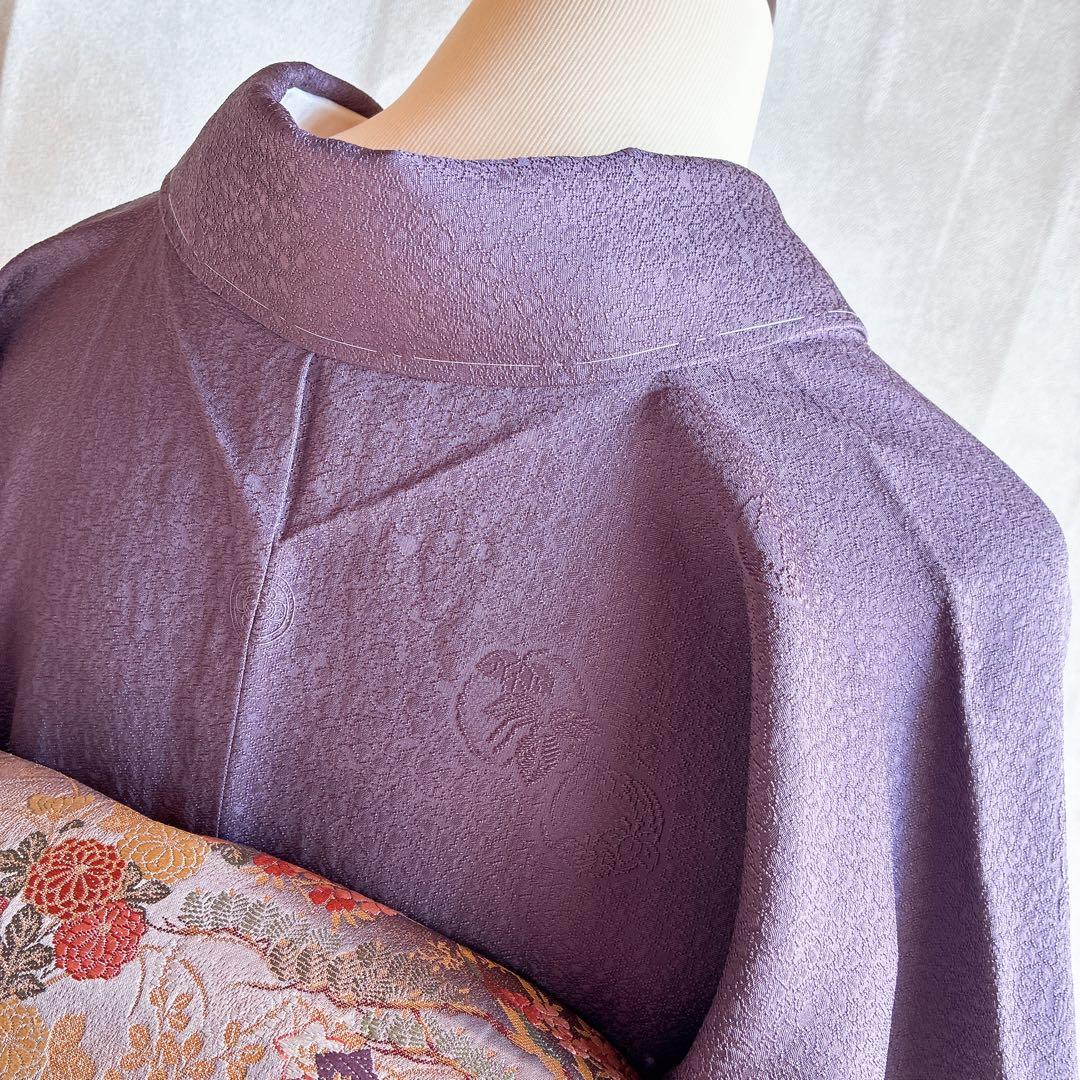 色無地　フルセット　着物　正絹　しつけ糸付き　紫　花丸文様　G8