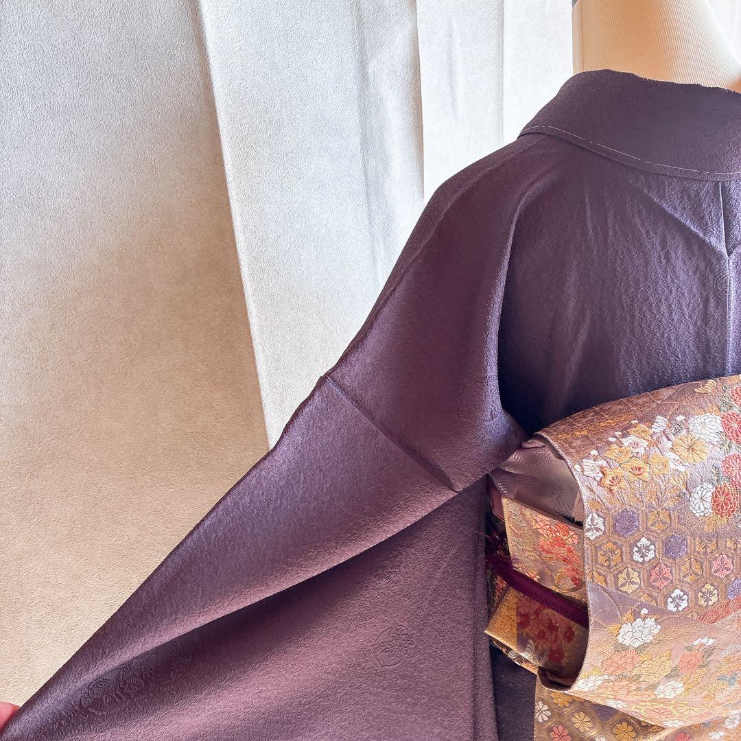 色無地　フルセット　着物　正絹　しつけ糸付き　紫　花丸文様　G8