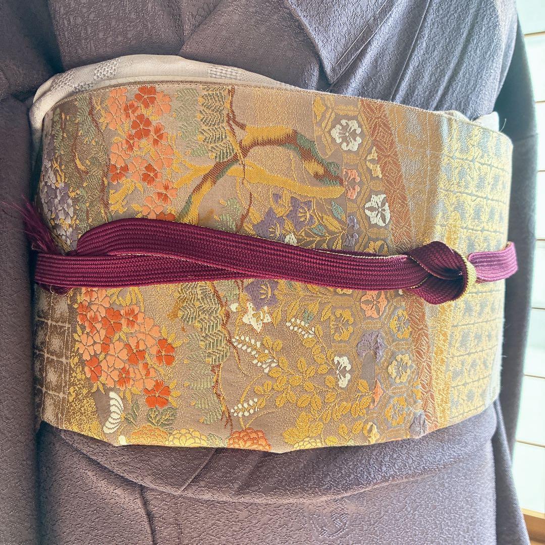 色無地　フルセット　着物　正絹　しつけ糸付き　紫　花丸文様　G8