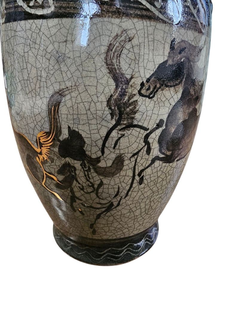 相馬焼 花瓶 花器 壺 陶芸 金彩 馬 双馬 高さ約28.5cm 骨董