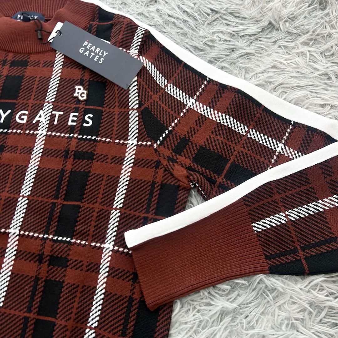 新品　パーリーゲイツ　ニット　セーター　モックネック　チェック柄　ブラウン　1