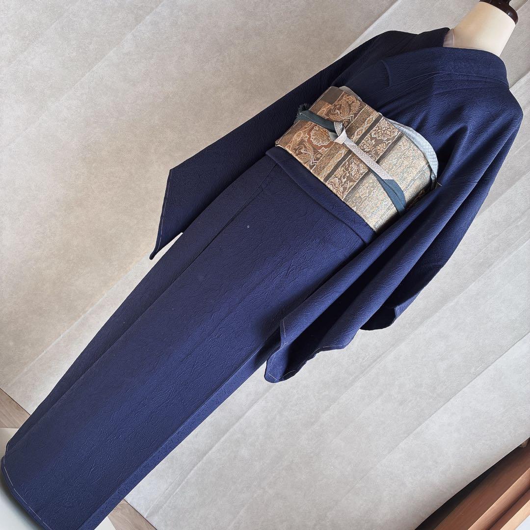 色無地　フルセット　着物　正絹　ブルー系　地紋　しつけ糸付き　一つ紋　共布　N3