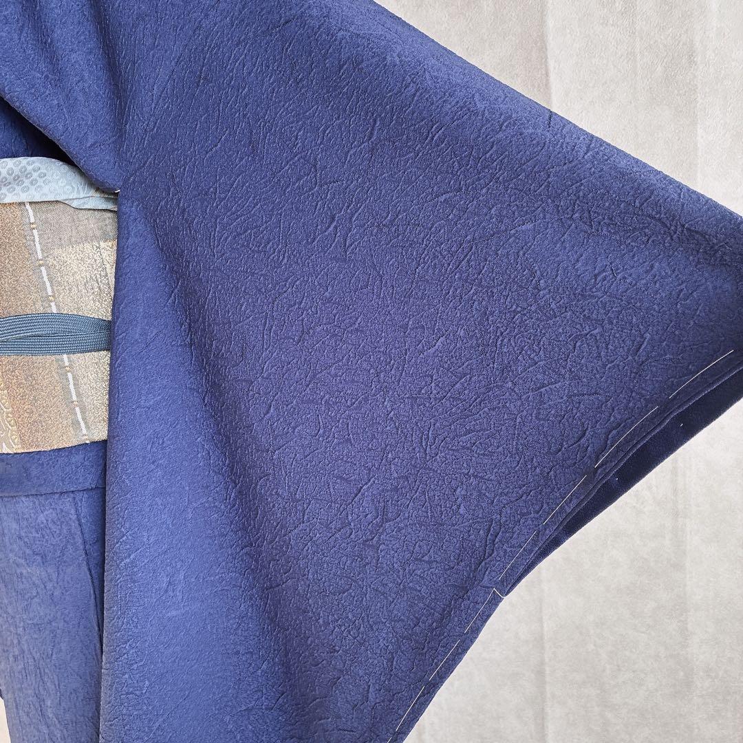 色無地　フルセット　着物　正絹　ブルー系　地紋　しつけ糸付き　一つ紋　共布　N3
