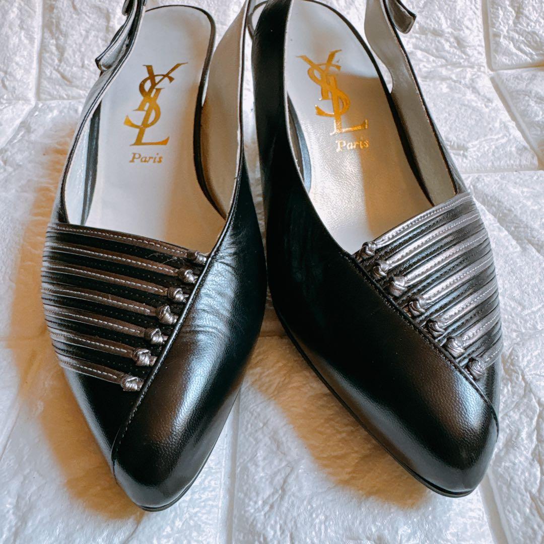 イヴ・サンローラン YSL 23cm ポインテッドトゥ ストラップ付き ブラック