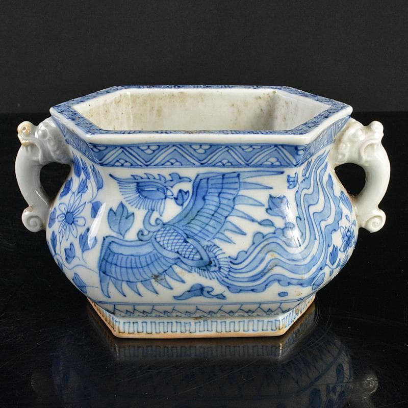 瀬戸焼　古瀬戸　染付　鳳凰花文　双耳六角香炉　M　R7342