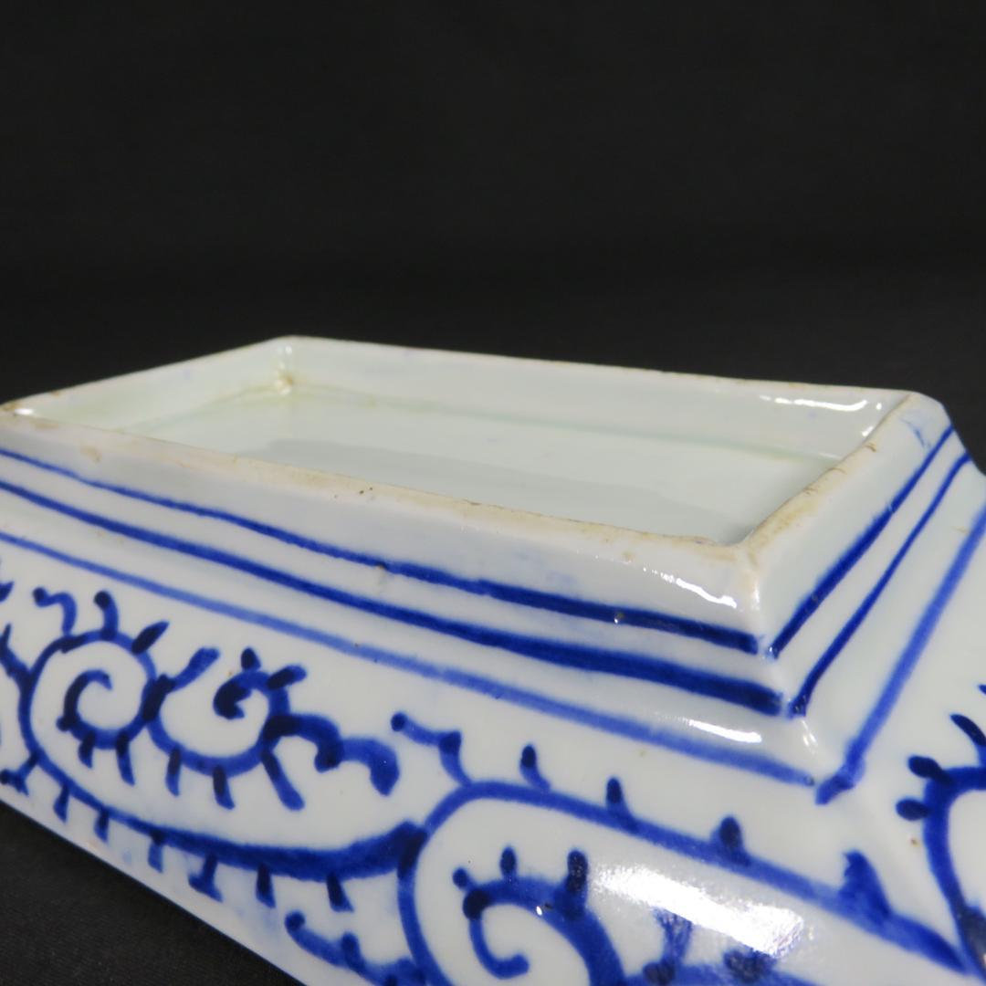 角皿 5枚 染付 古伊万里 明治 江戸 微塵唐草 松竹梅 歪み