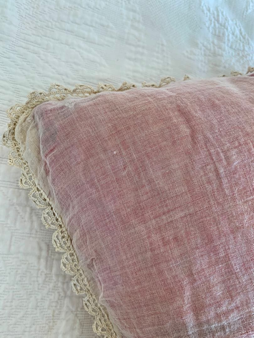 フランスアンティークコットンカバーxシルククッションロココリボン ・モチーフ装飾