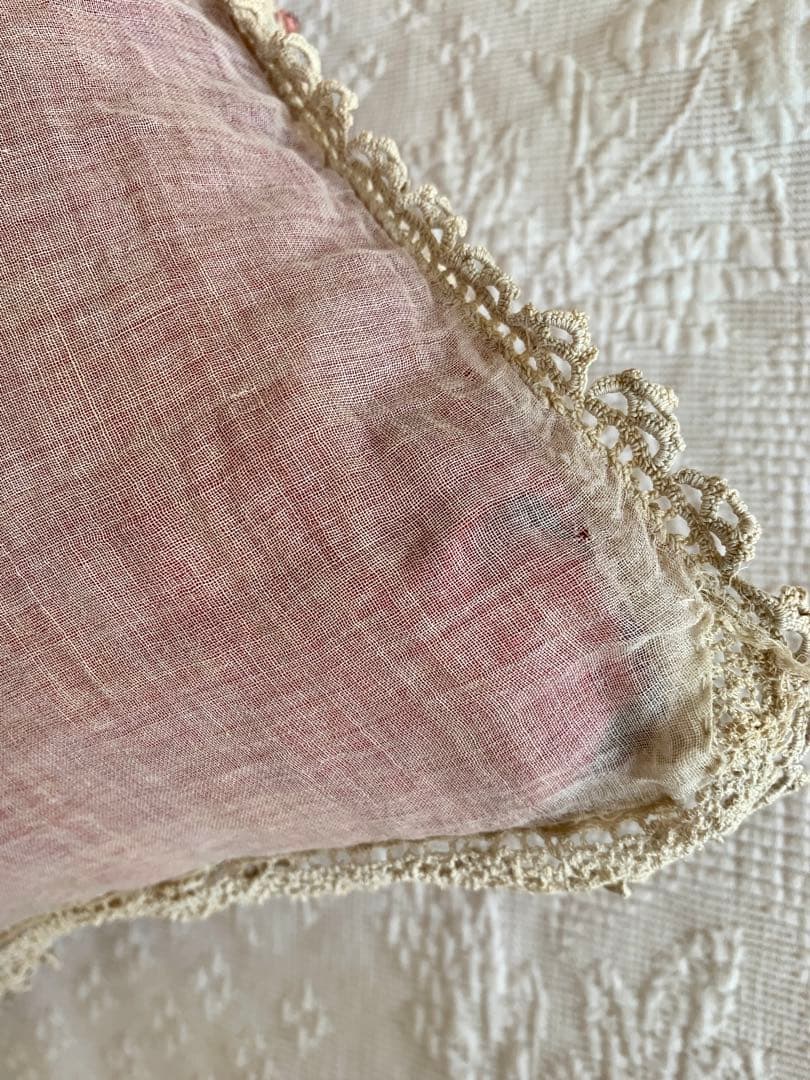 フランスアンティークコットンカバーxシルククッションロココリボン ・モチーフ装飾