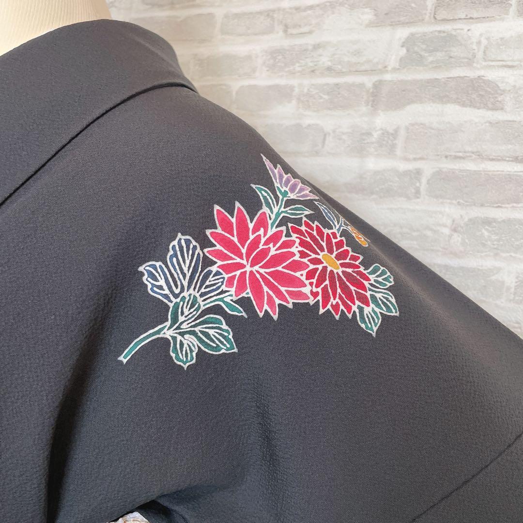 訪問着　フルセット　型染め風　四季草花　黒地　Q5