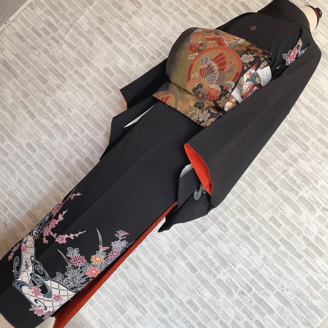 訪問着　フルセット　型染め風　四季草花　黒地　Q5