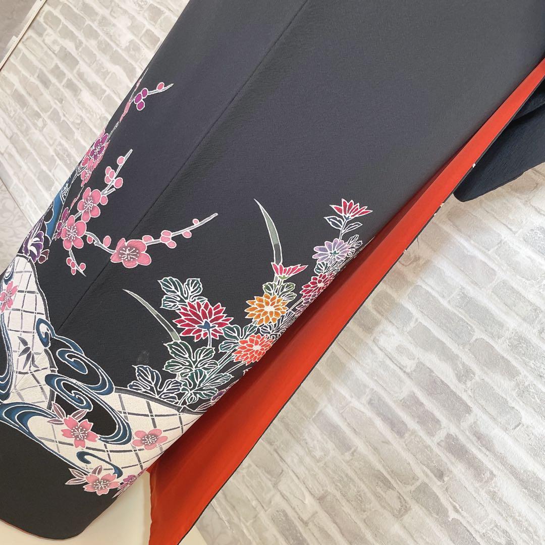 訪問着　フルセット　型染め風　四季草花　黒地　Q5
