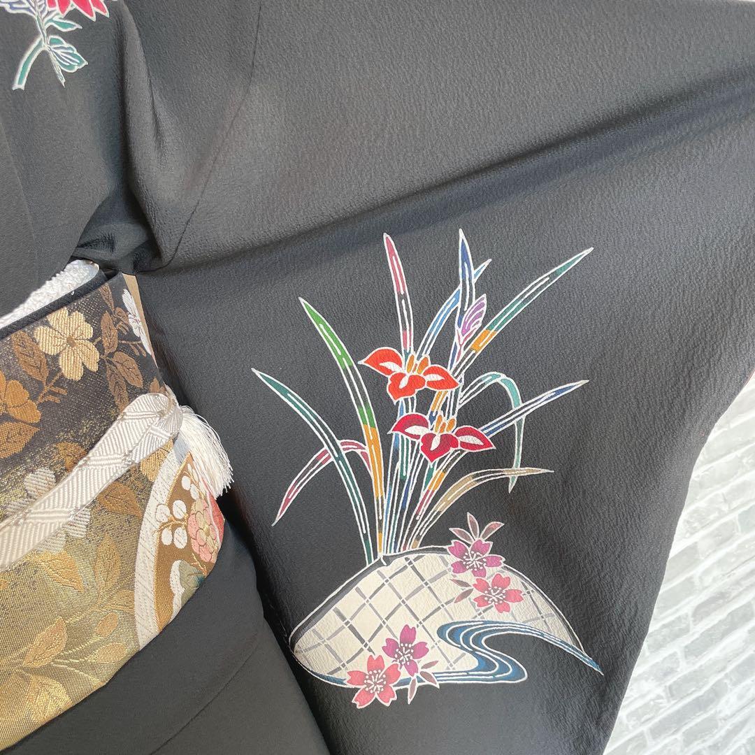 訪問着　フルセット　型染め風　四季草花　黒地　Q5
