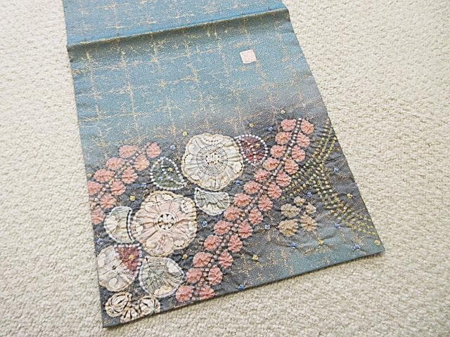 袋帯：辻が花 絞り：高級品：美品：作家印：ブルーグレー金糸織：N97