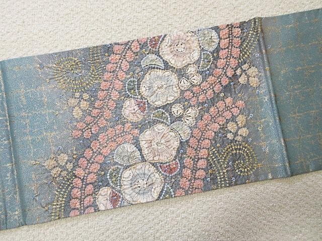 袋帯：辻が花 絞り：高級品：美品：作家印：ブルーグレー金糸織：N97