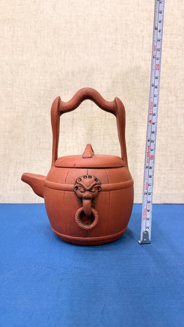 【在銘】紫砂 提梁壺｜獅子面環装・古作風合｜一点物 幅約12・高さ約17