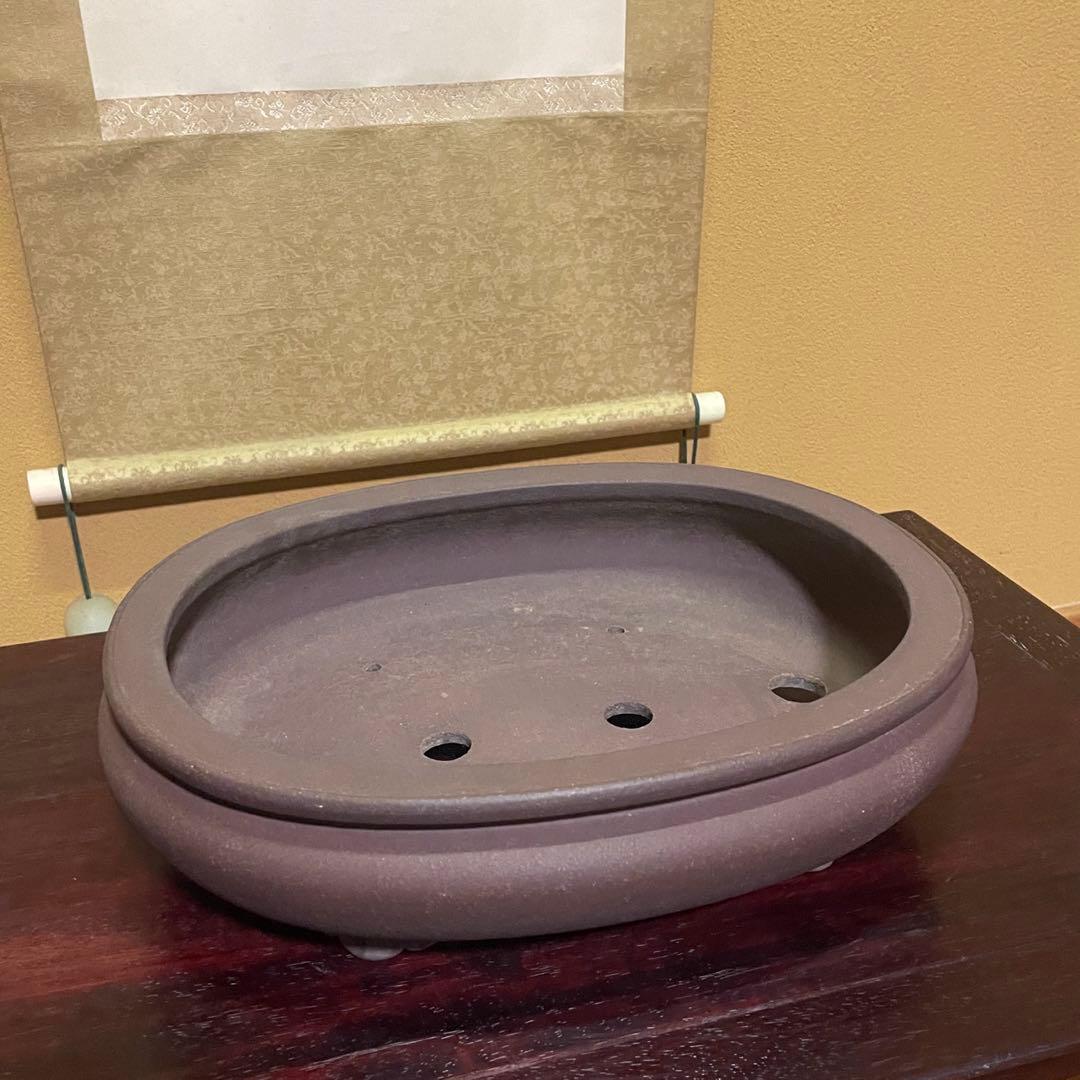 【落款あり】松泉焼 山秋造 楕円袋式雲足 紫泥 盆栽鉢 真柏 時代鉢