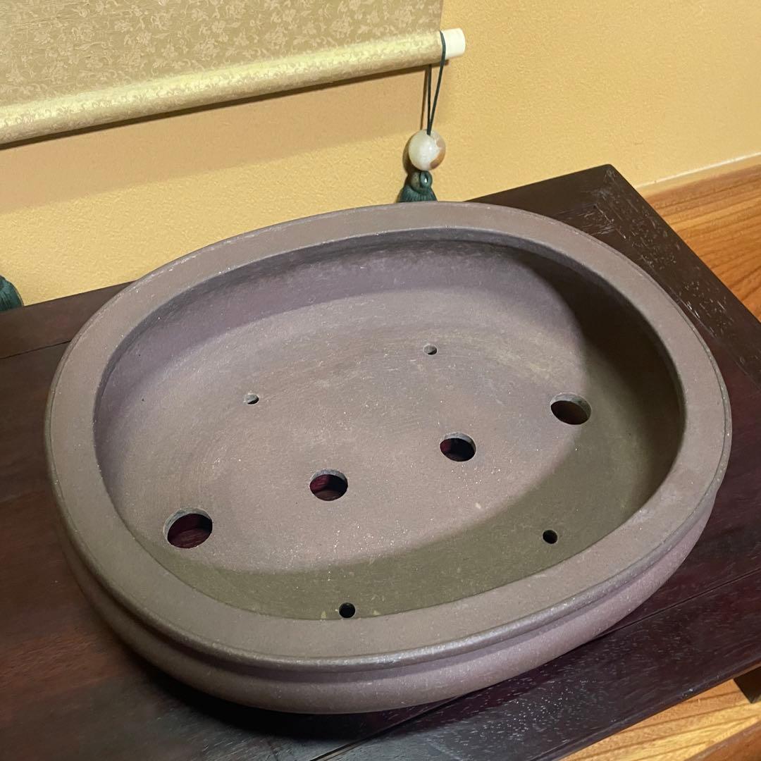 【落款あり】松泉焼 山秋造 楕円袋式雲足 紫泥 盆栽鉢 真柏 時代鉢